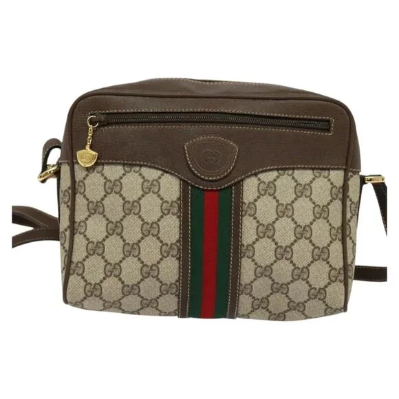 Authentic GUCCI GG Supreme Web Sherry Line Bag PVC Beige Red 001 56 0852